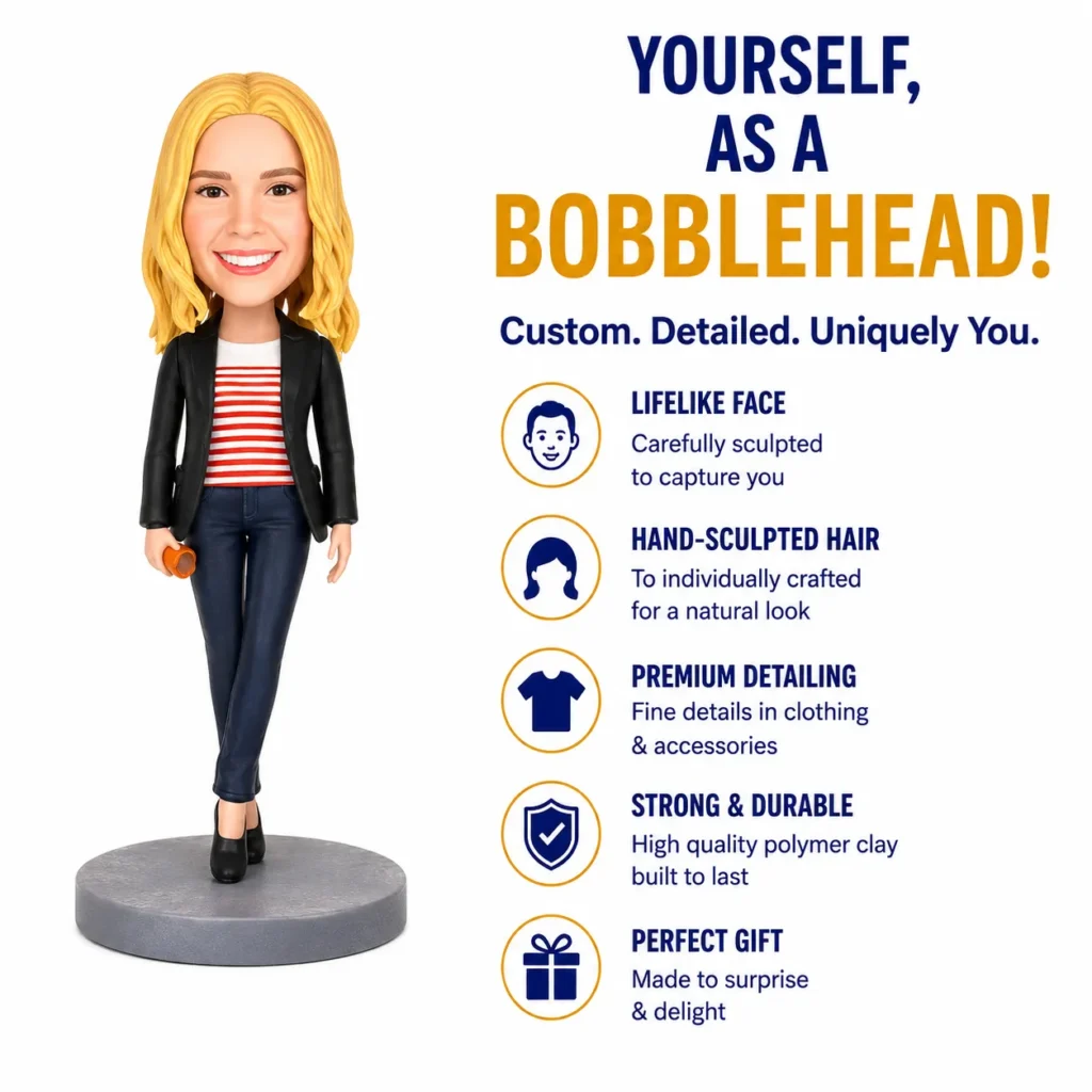 Bobblehead figure of a smiling woman beside an infographic advertising personalized, lifelike details.