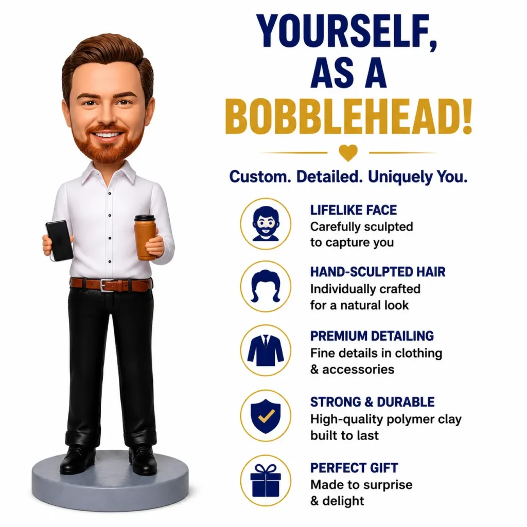 3D bobblehead figure of a man in a white shirt holding a phone and coffee, beside a promo for custom bobbleheads and their features.