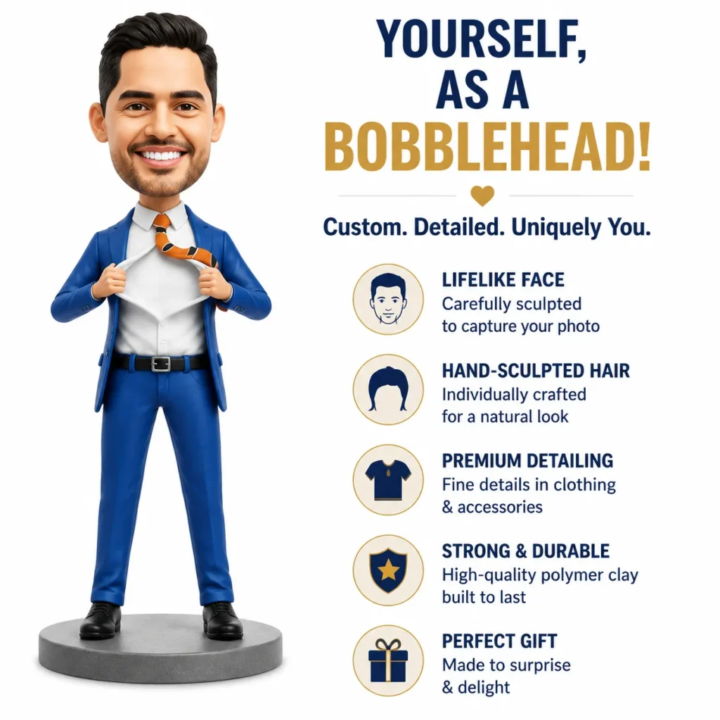 Bobblehead figure in a blue suit standing on a pedestal beside an infographic about Lifelike Face features.