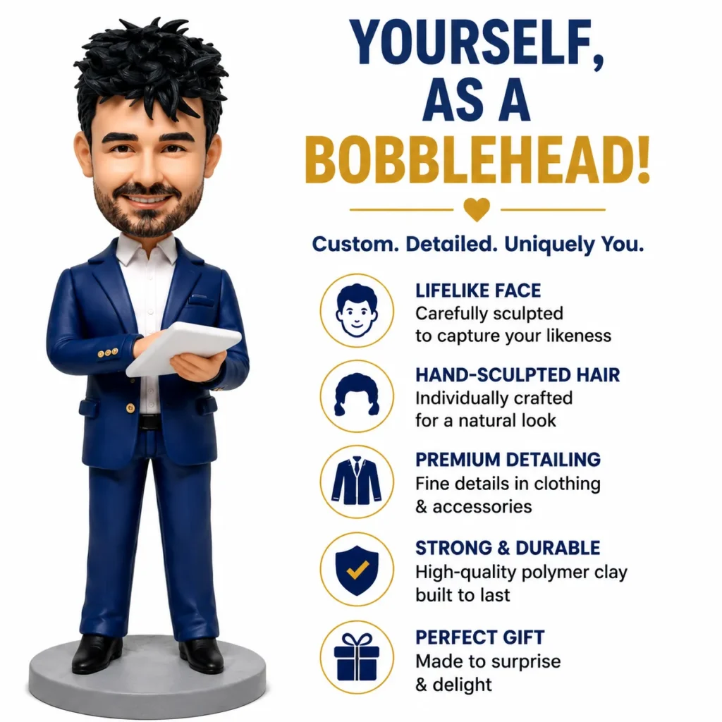 3D bobblehead figure in a blue suit holding a tablet, next to an infographic titled 'Yourself, as a Bobblehead!' with feature list.