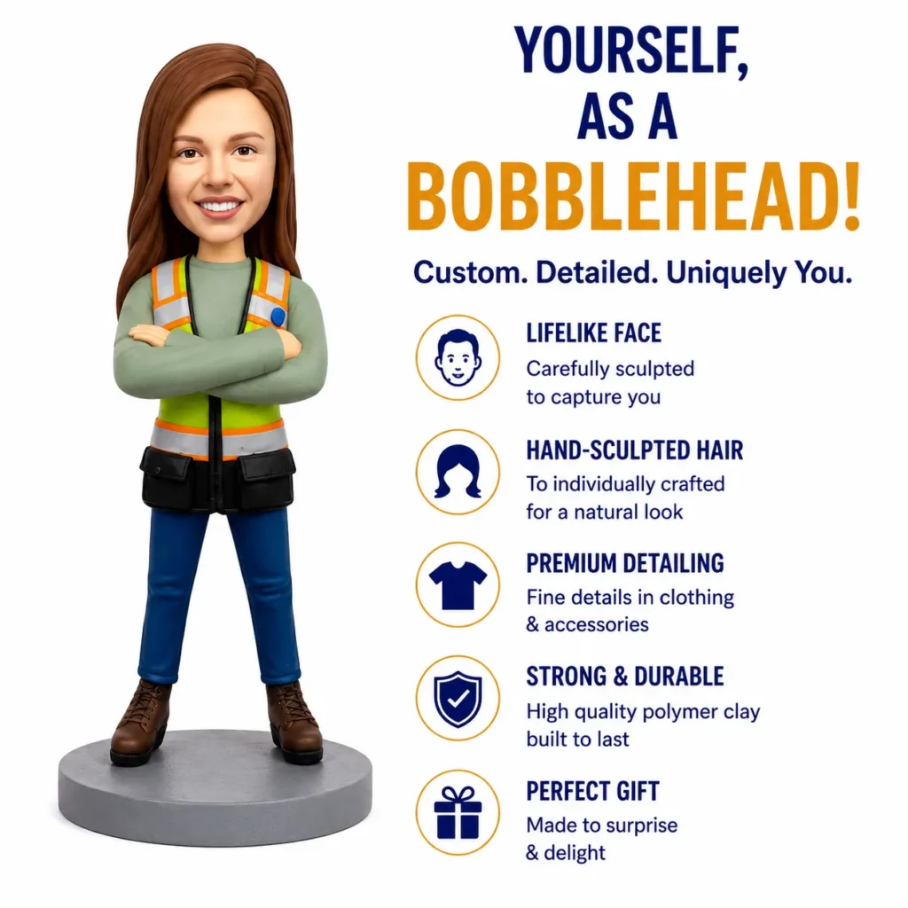 Bobblehead figure of a construction worker with arms crossed, shown next to a list of features for a customizable bobblehead.