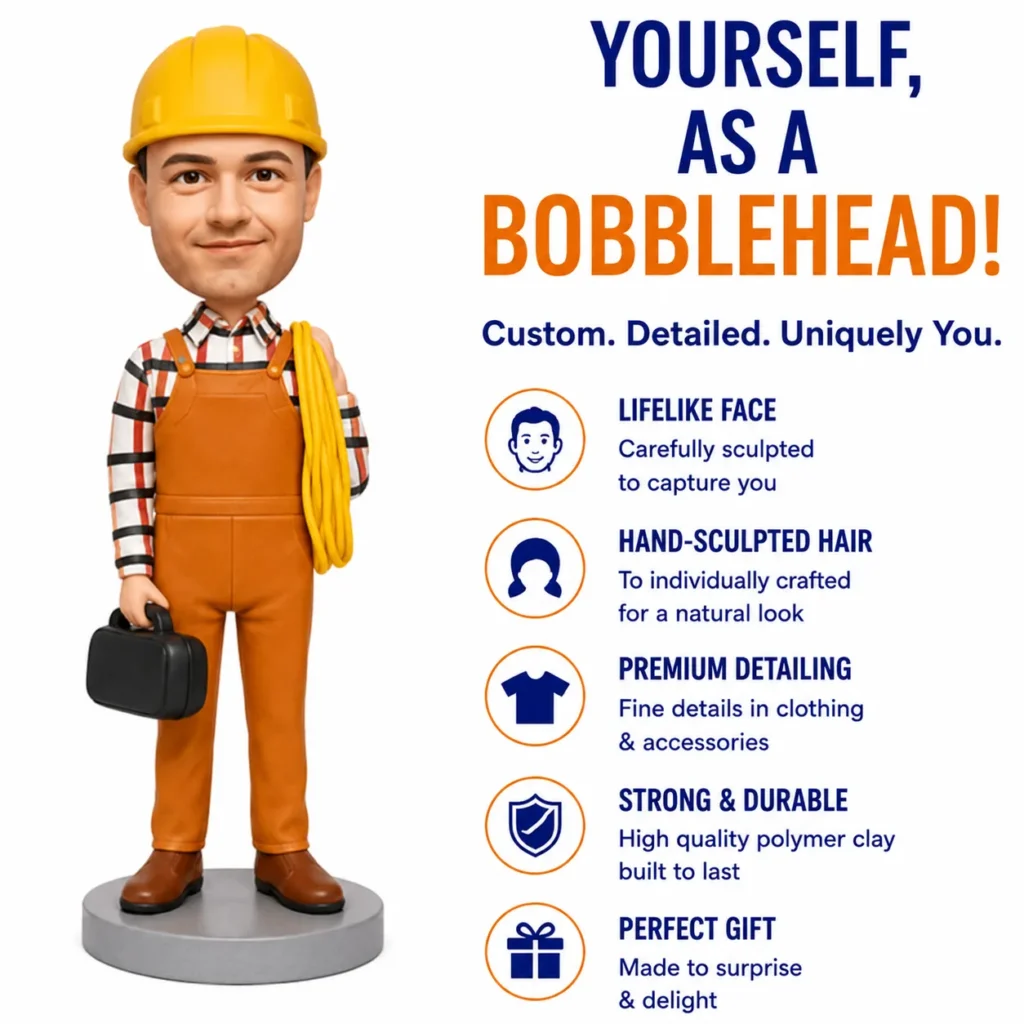 Bobblehead construction worker in orange overalls and yellow hard hat, holding a black toolbox and yellow rope, next to bold headline 'YOURSELF, AS A BOBBLEHEAD!' and bullet points describing custom, detailed features.
