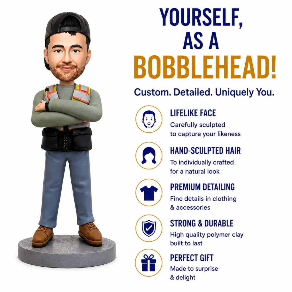 Full-body bobblehead of a construction worker with arms crossed, next to promotional text about custom bobbleheads and gifts.