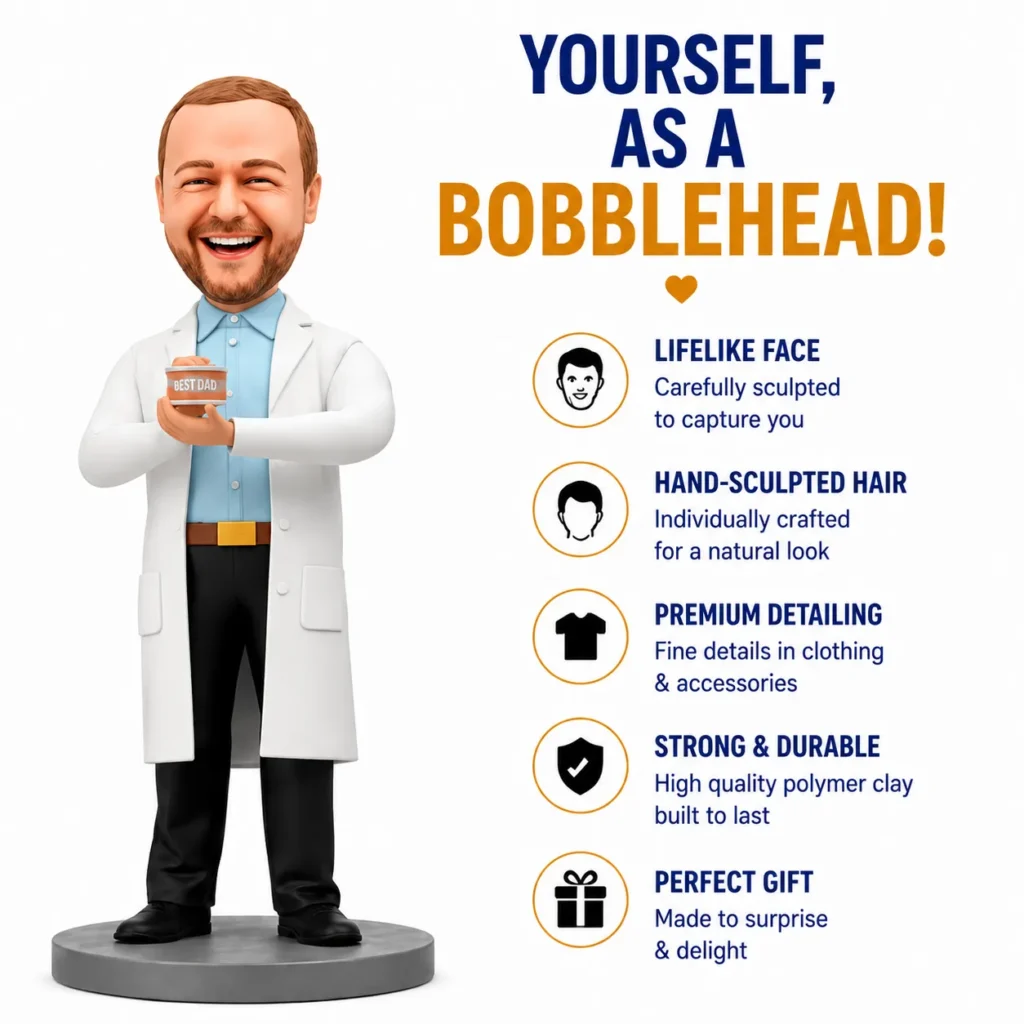 Cartoon bobblehead doctor in a white coat holding a cup, beside a tagline about being yourself as a bobblehead with a list of features.