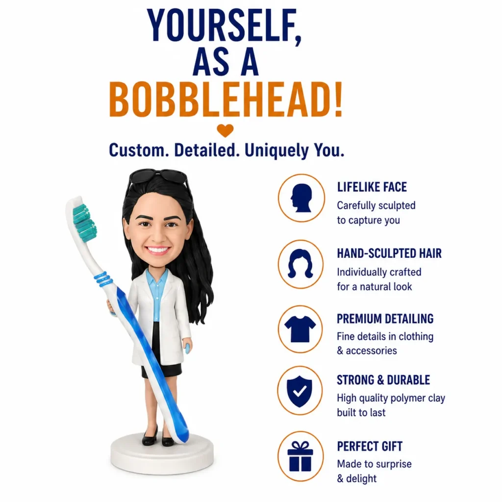 Bobblehead dentist figure holding a toothbrush, with a right-side list of product features.