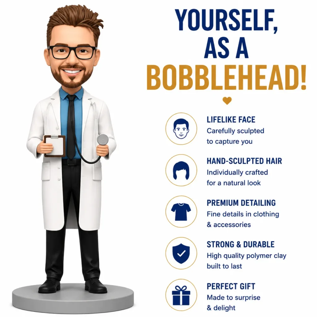 Cartoon doctor bobblehead with a stethoscope beside an infographic listing features: lifelike face, hand-sculpted hair, premium detailing, and durability.