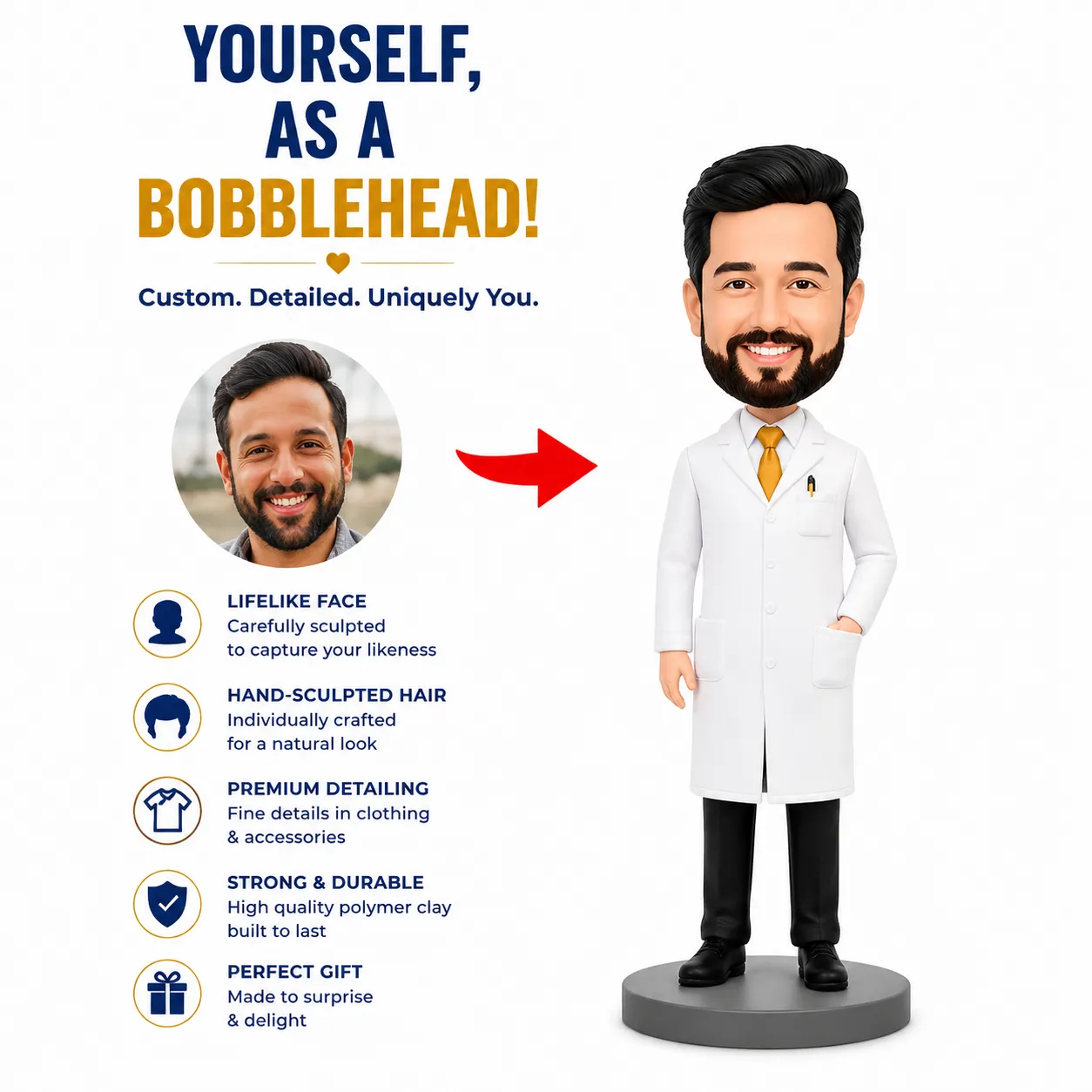 Advertisement for a custom bobblehead: a man’s photo transformed into a doctor bobblehead with a red arrow between them