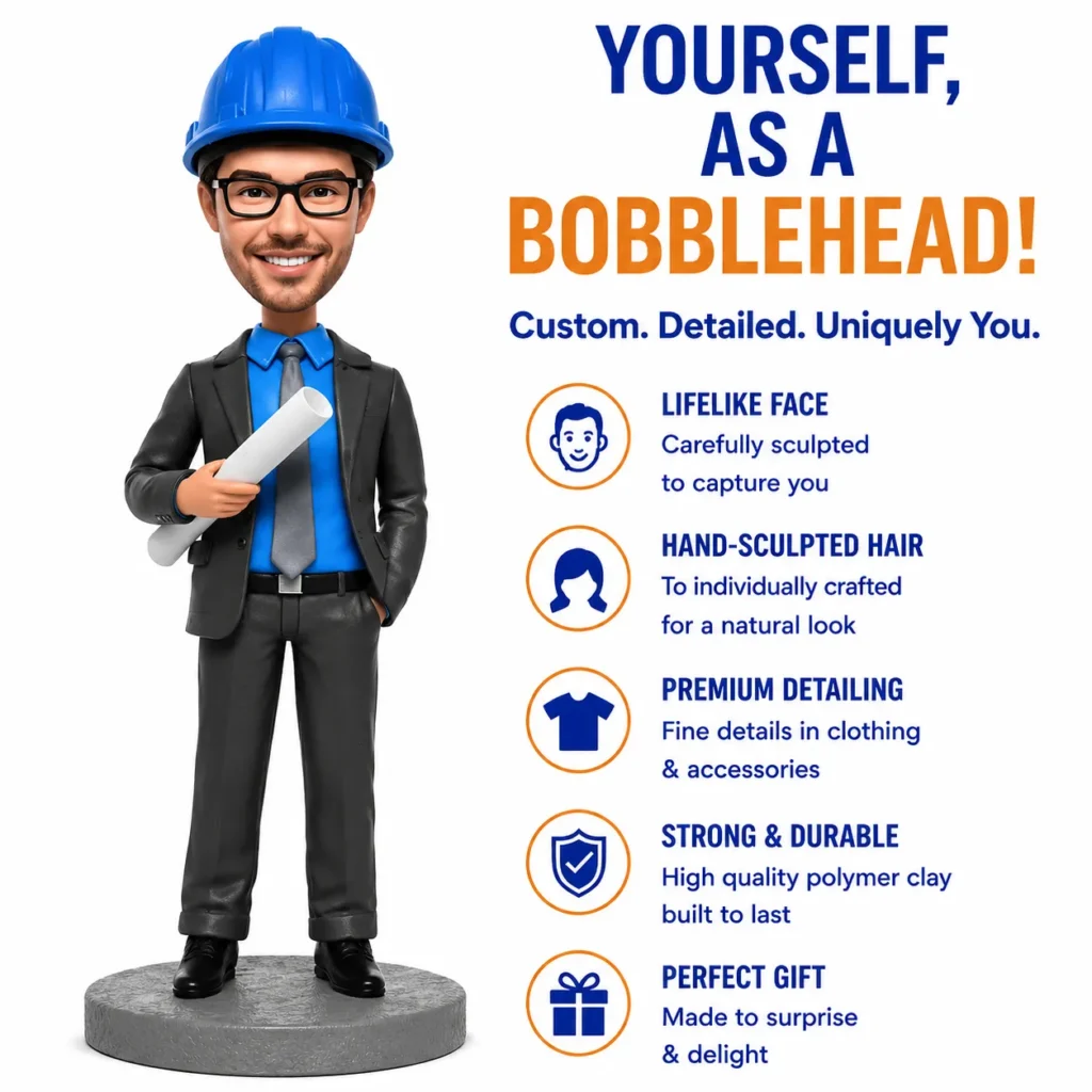 Bobblehead figure of a construction worker in suit and hard hat holding blueprints, with a list of features on the right.