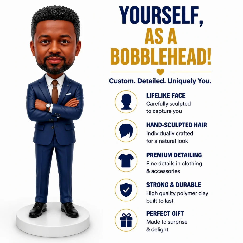 Cartoon bobblehead man in a navy suit stands with arms crossed beside an infographic promoting custom bobbleheads and their features.