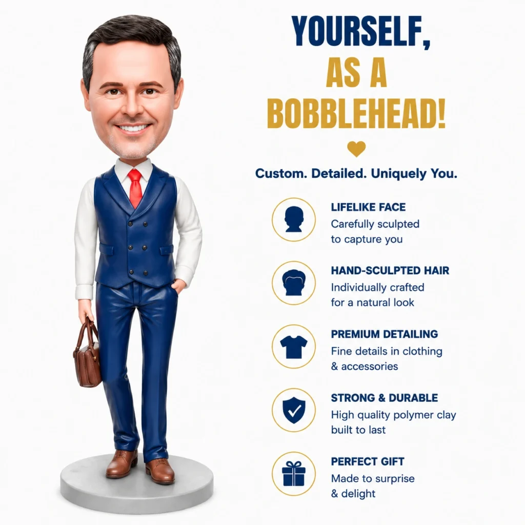 Bobblehead figure in a blue suit and red tie stands on a gray base beside a list of product features: lifelike face, hand-sculpted hair, premium detailing, strong and durable, perfect gift.