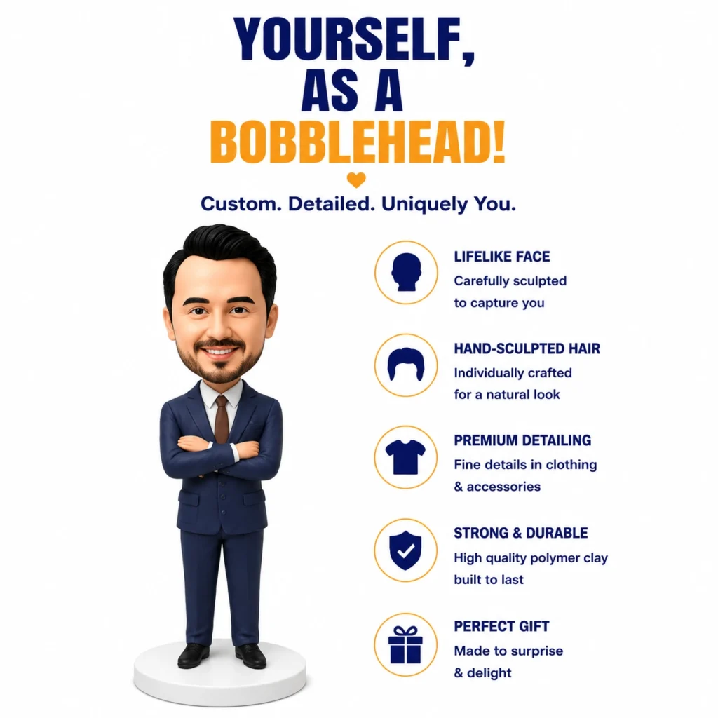 A bobblehead figure of a man in a navy suit standing with arms crossed, beside a list of features about custom bobbleheads: lifelike face, hand-sculpted hair, premium detailing, strong & durable, perfect gift.