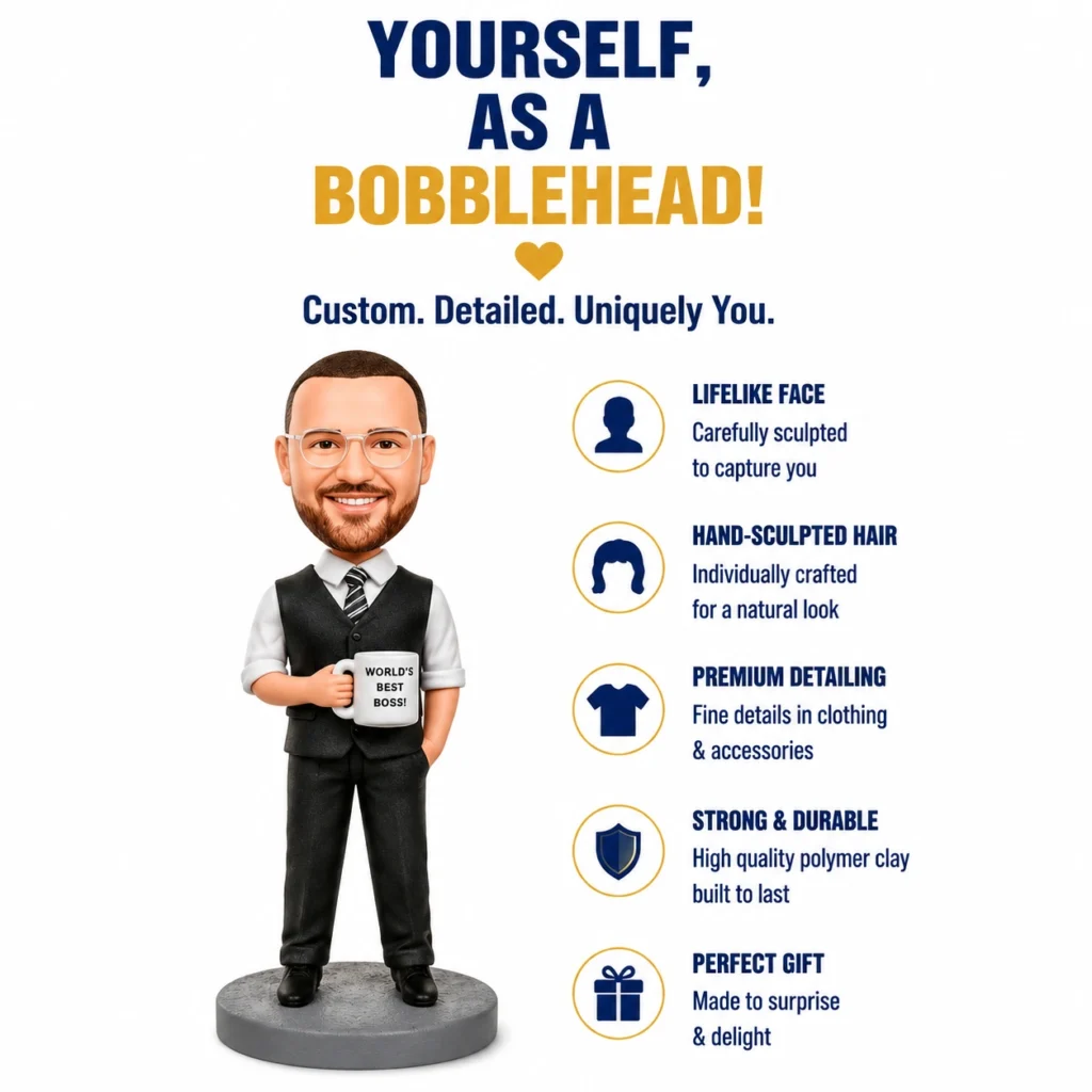 Bobblehead businessman holding a mug that reads 'World's Best Boss,' with a right-side list of features: lifelike face, hand-sculpted hair, premium detailing, strong & durable, perfect gift.