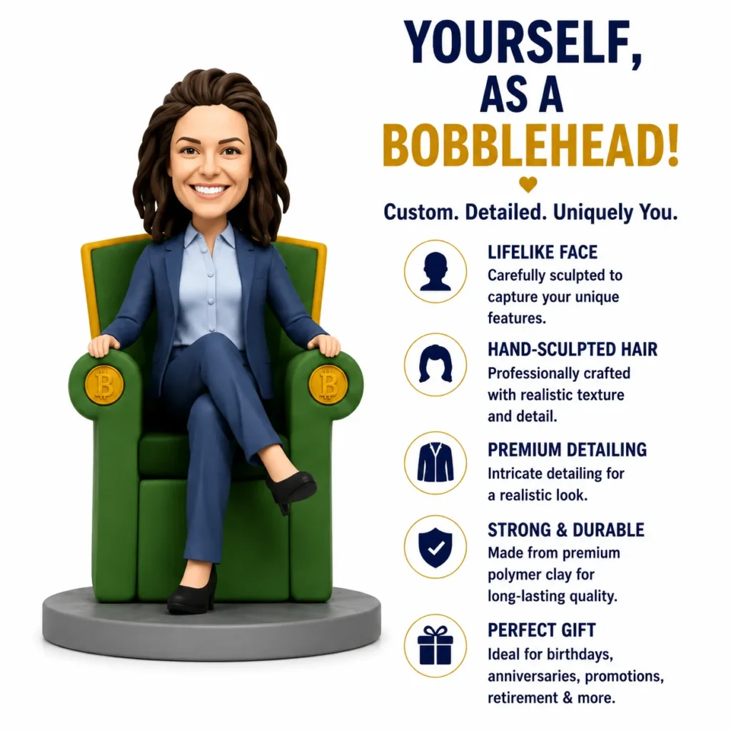 Promotional image for customizable bobbleheads: a cartoon woman in a blue suit seated in a green chair, with a right-side list of features and benefits.