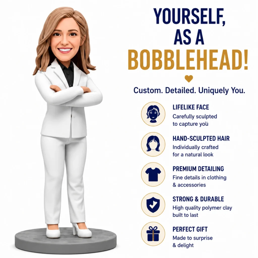 Smiling female bobblehead in a white suit stands with arms crossed beside an ad reading 'Yourself, as a Bobblehead' and a feature list.