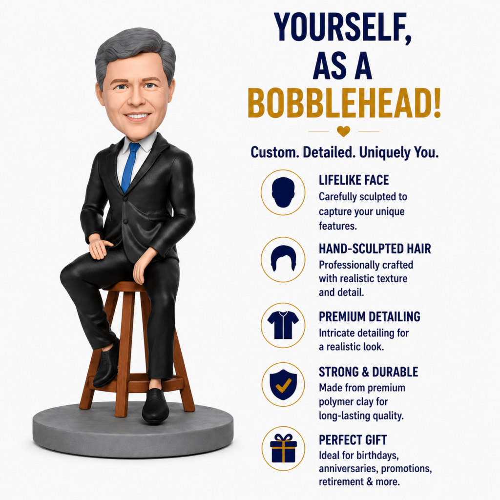 Promotional ad for custom bobbleheads: a gray-haired man in a suit sits on a wooden stool beside a features list on the right.