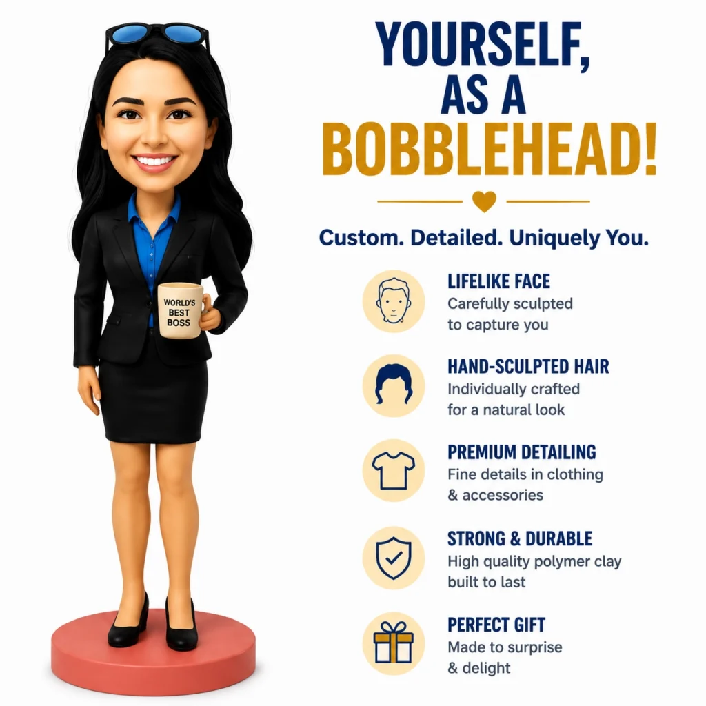 Cartoon businesswoman bobblehead in a black suit holding a mug, beside a promo list for custom bobbleheads.