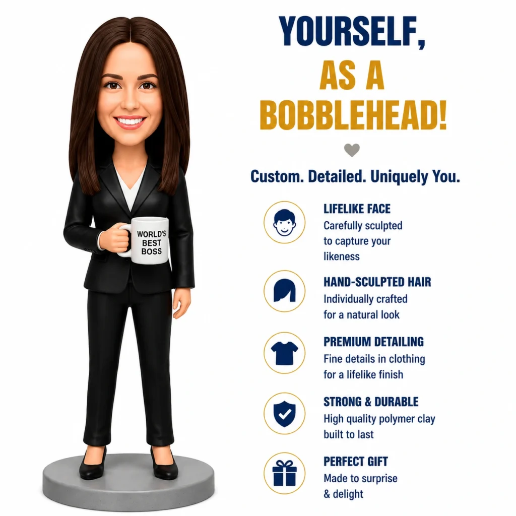 Bobblehead of a smiling businesswoman in a black suit, holding a mug that says World's Best Boss, beside a feature list.