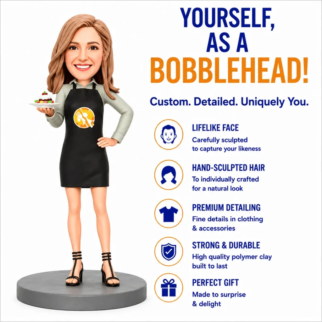 Cartoon bobblehead woman in an apron holds a plate of cake, advertising 'YOURSELF, AS A BOBBLEHEAD!' with a list of customization features on the right.