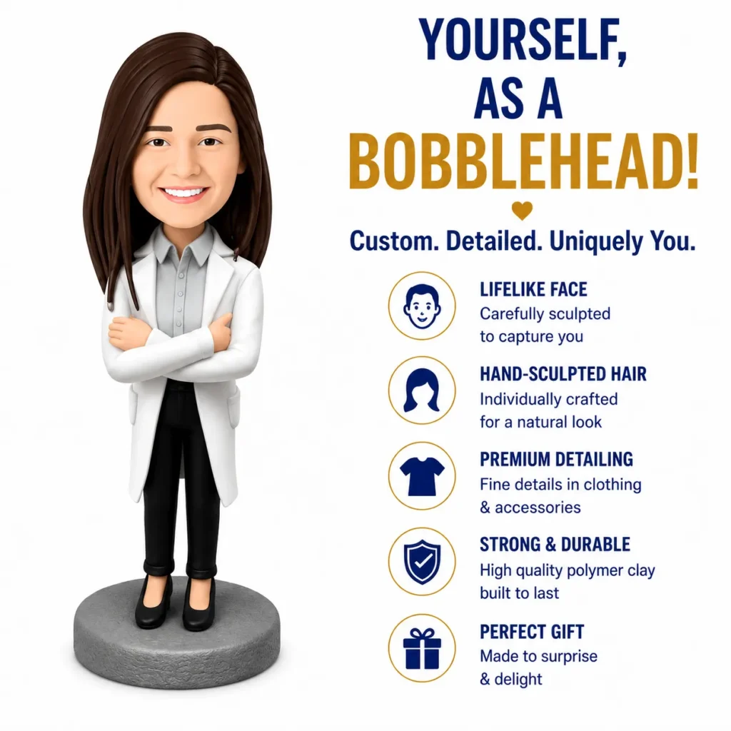 3D bobblehead of a woman in a white blazer standing on a gray pedestal, with bold ad text and a features list to the right.
