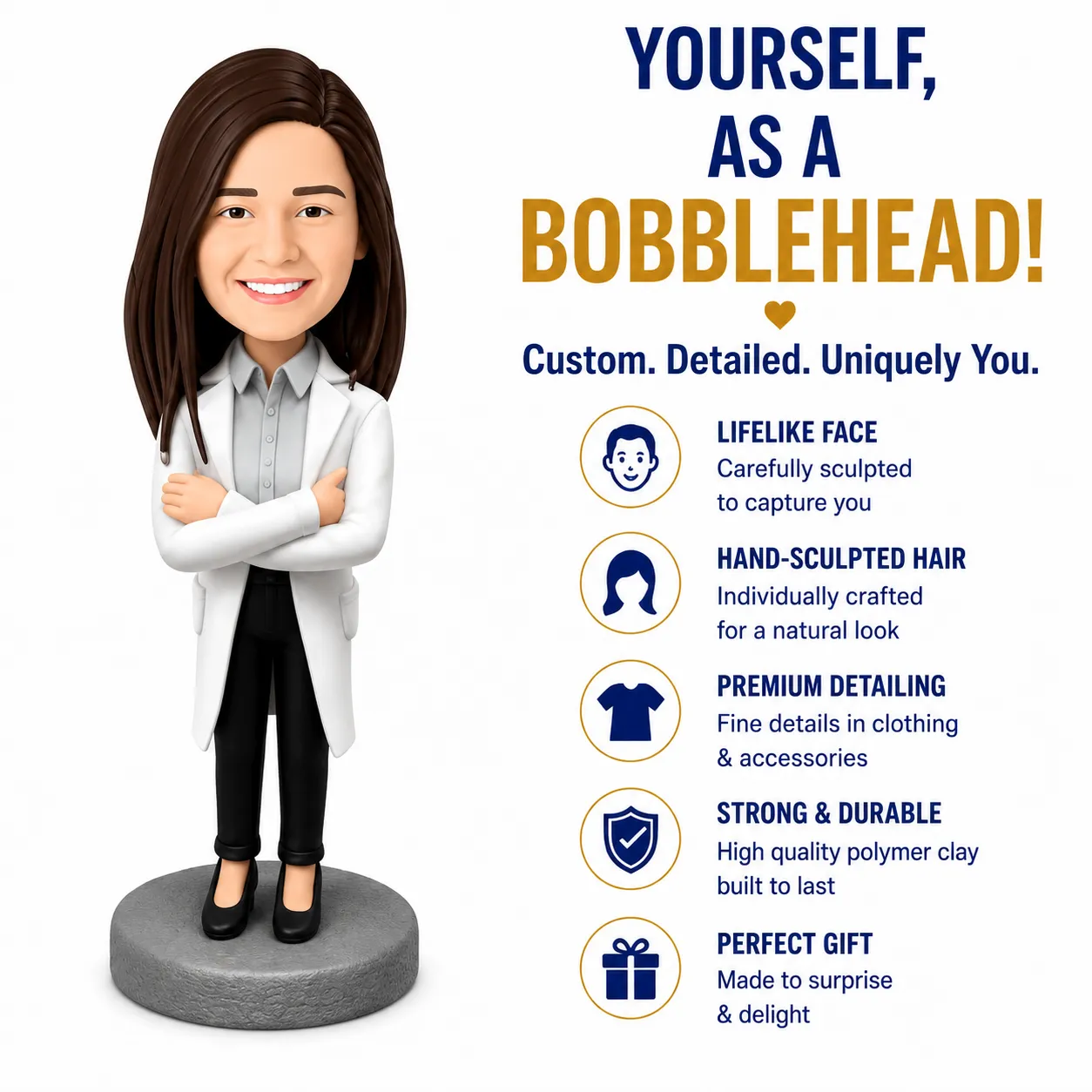 3D bobblehead of a woman in a white blazer standing on a gray pedestal, with bold ad text and a features list to the right.