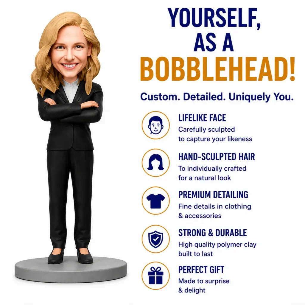 3D bobblehead figure of a blonde woman in a black suit standing with arms crossed on a pedestal, paired with a right-side marketing list of features.