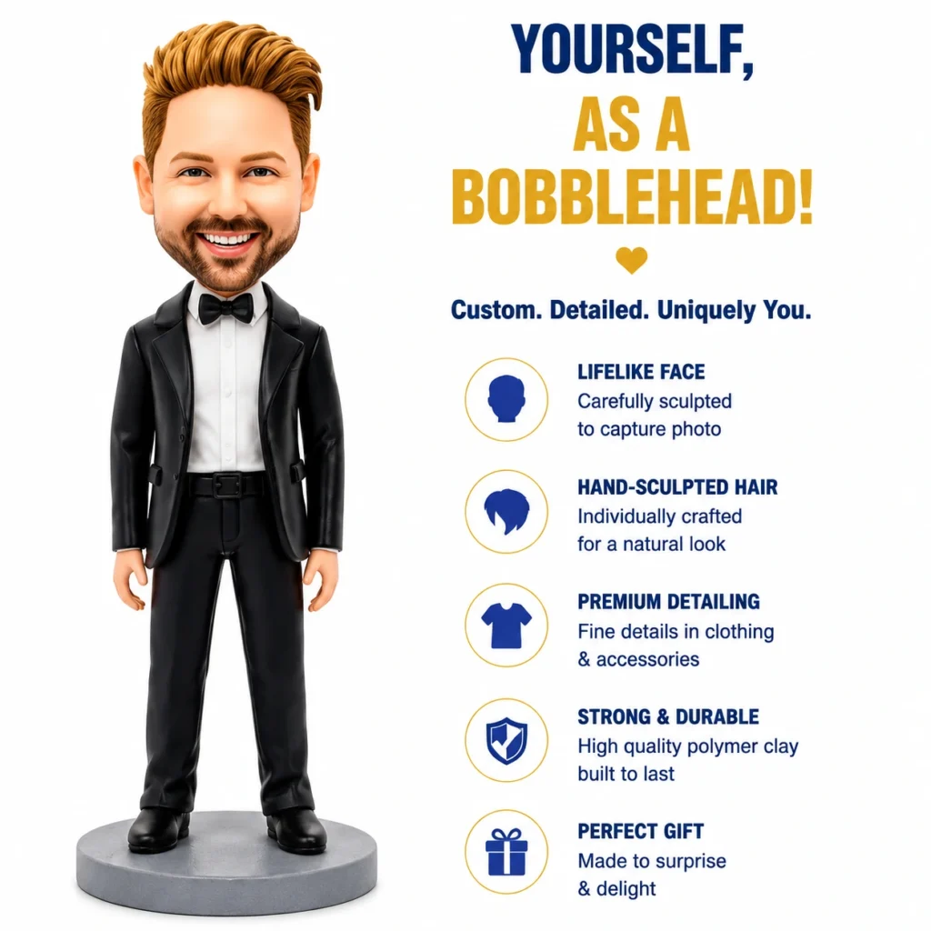 Bobblehead figure in a black tuxedo stands on a gray pedestal next to a right-side list titled 'Yourself, as a Bobblehead' detailing customization features.