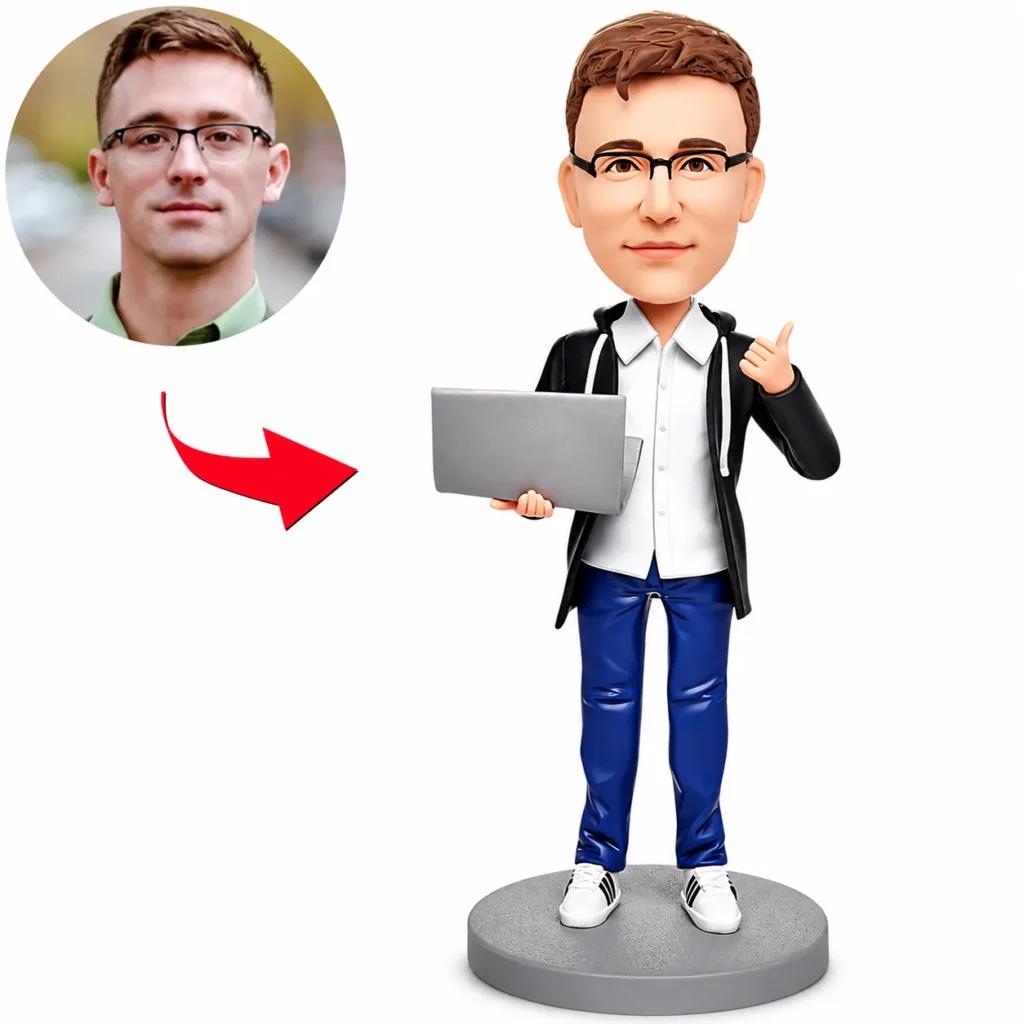 Cartoon avatar of a man with glasses holding a laptop, shown with a real photo and red arrow indicating transformation from photo to avatar.