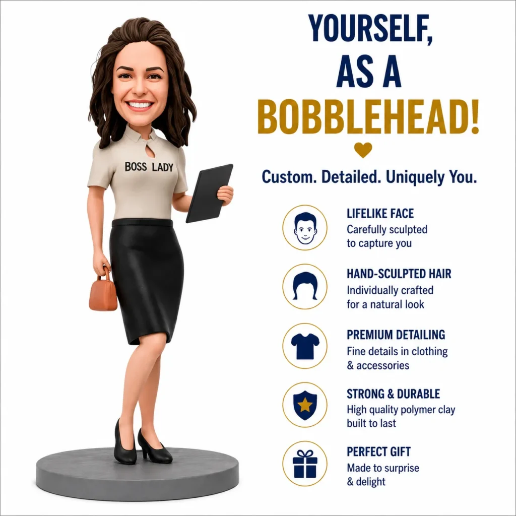 3D bobblehead of a businesswoman in a beige blouse and black skirt, holding a tablet and purse, beside a list of product features.