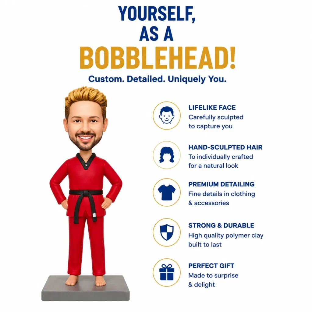 Infographic promoting custom bobblehead: a life-like figure in a red martial-arts uniform beside a list of customization features/icons.
