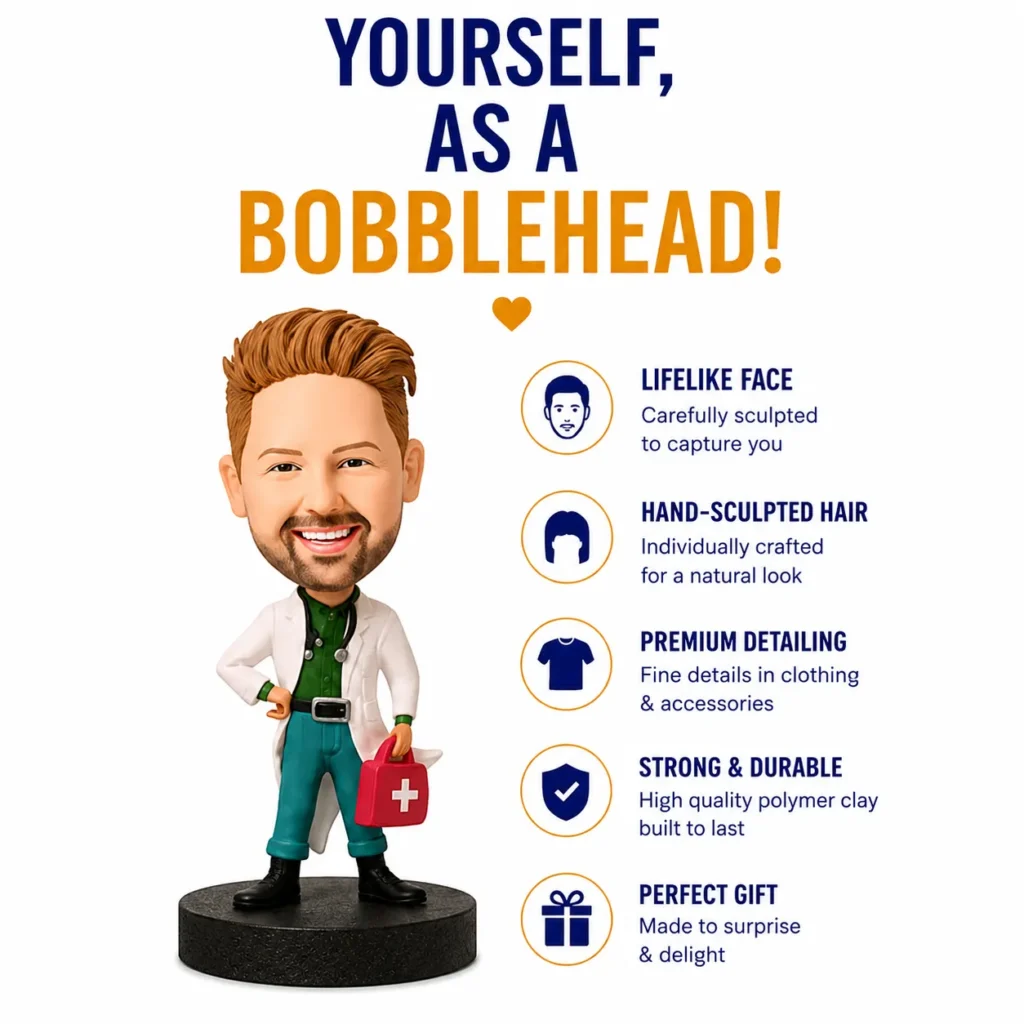 Bobblehead doctor figure beside a blue-and-orange features list: lifelike face, hand-sculpted hair, premium detailing, strong and durable, and a gift option.