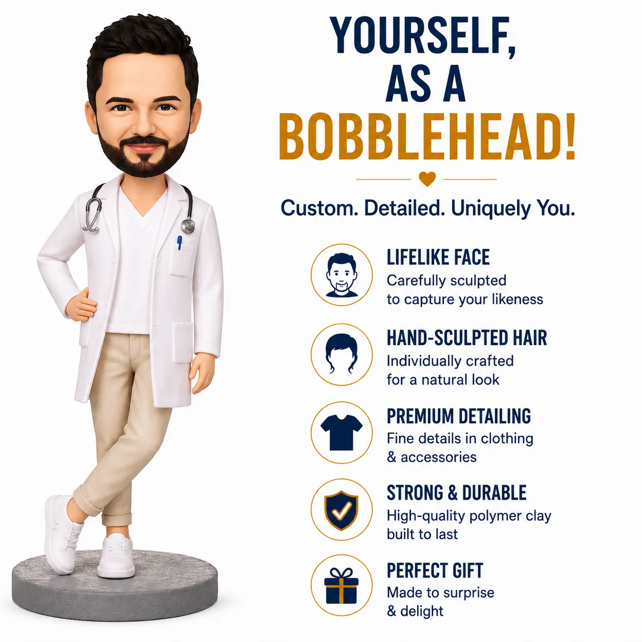 Bobblehead doctor in a white coat stands on a round pedestal next to an ad headline 'Yourself, as a Bobblehead!' and a list of features like lifelike face, hand-sculpted hair, premium detailing, and gift option.