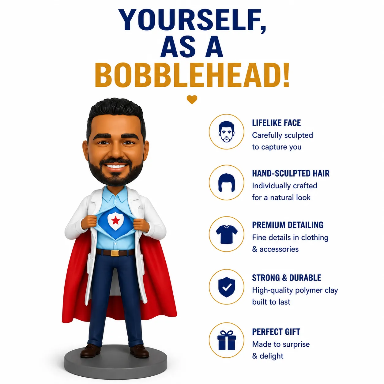 A cartoon bobblehead doctor in a white coat and red cape stands beside a list of product features, including lifelike face and premium detailing.