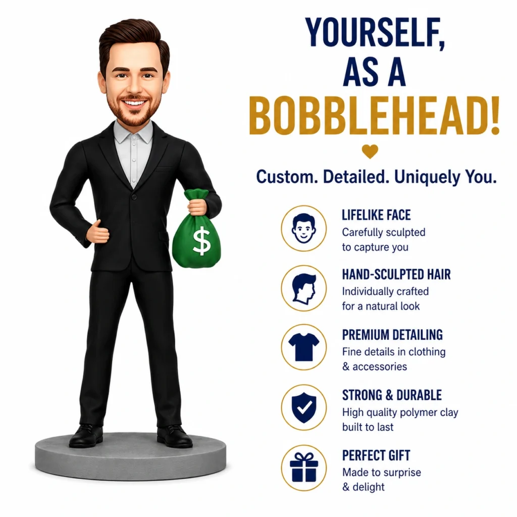 Bobblehead man in a black suit holds a green money bag, with a white background and promotional text to the right.