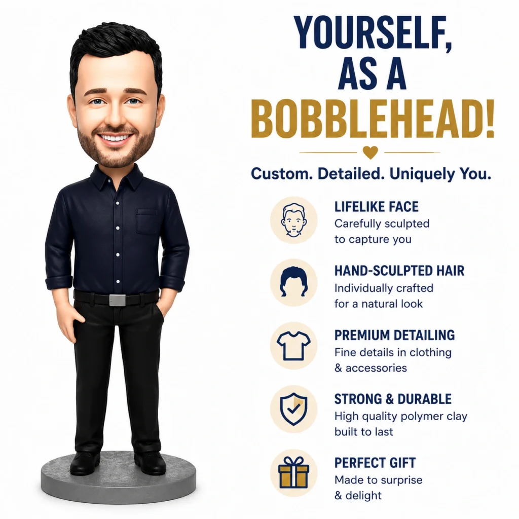 Left: a realistic male bobblehead figure standing on a round base, with marketing copy about custom bobbleheads on the right.