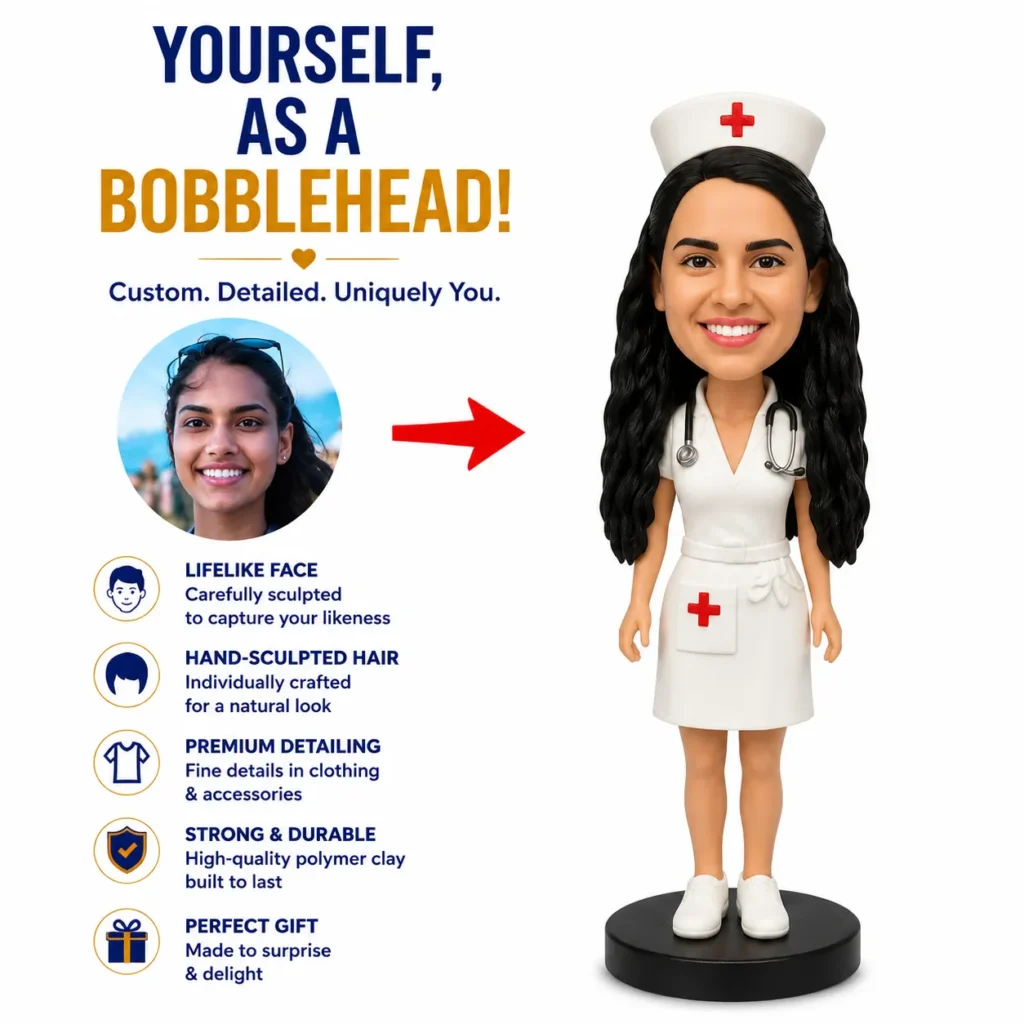 Advertisement for a personalized bobblehead service: photo of a smiling woman on the left and a large nurse-themed bobblehead on the right with an arrow between them.