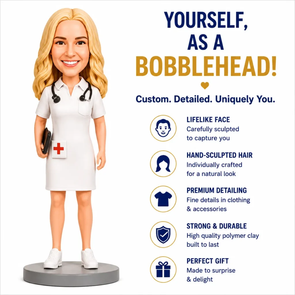 Bobblehead nurse figure beside promo text about custom bobbleheads: lifelike face, hand-sculpted hair, and premium detailing.