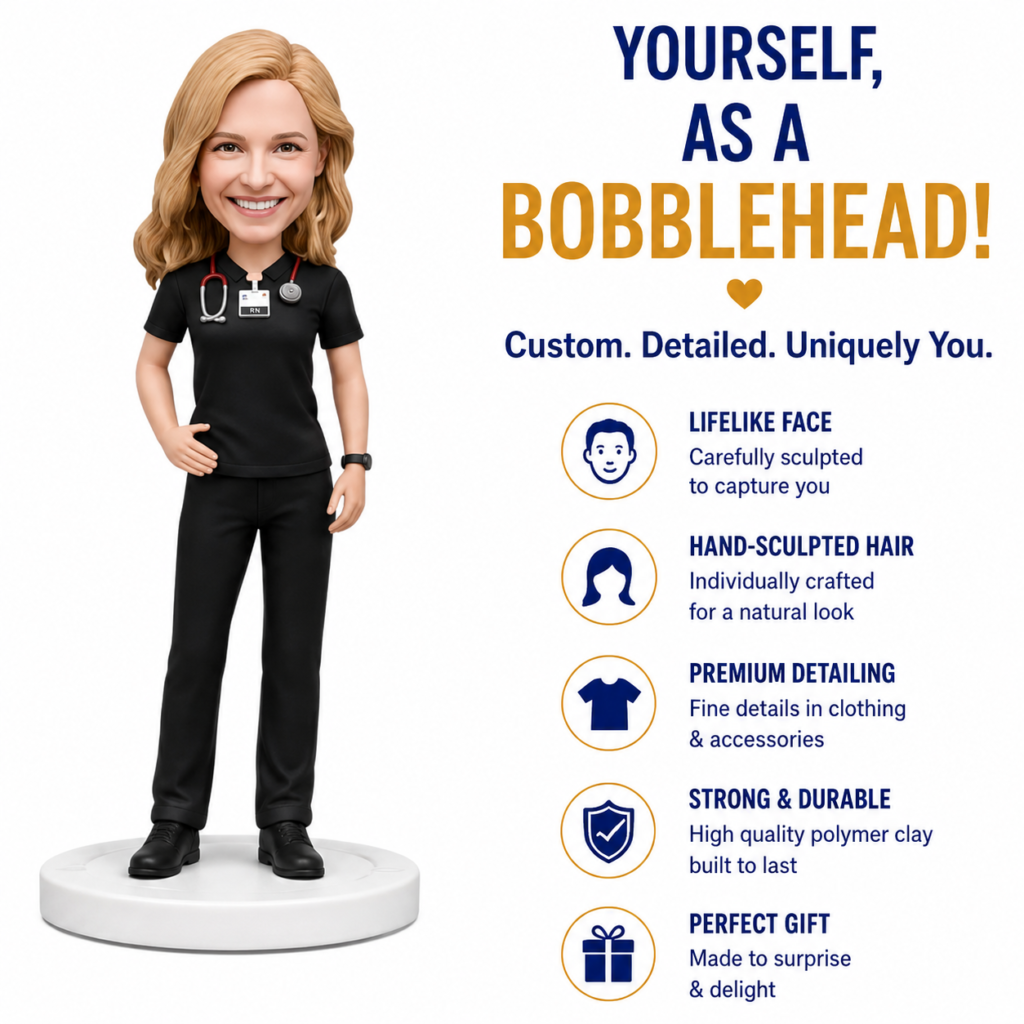 Bobblehead nurse in black scrubs on a white base beside marketing text about becoming a bobblehead.