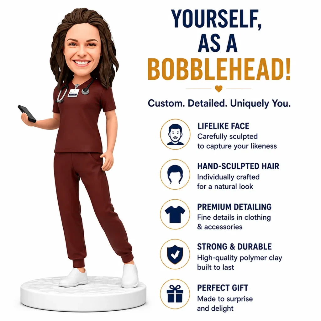 Cartoon nurse bobblehead in burgundy scrubs standing on a white pedestal, holding a smartphone, beside ad text about custom bobbleheads.