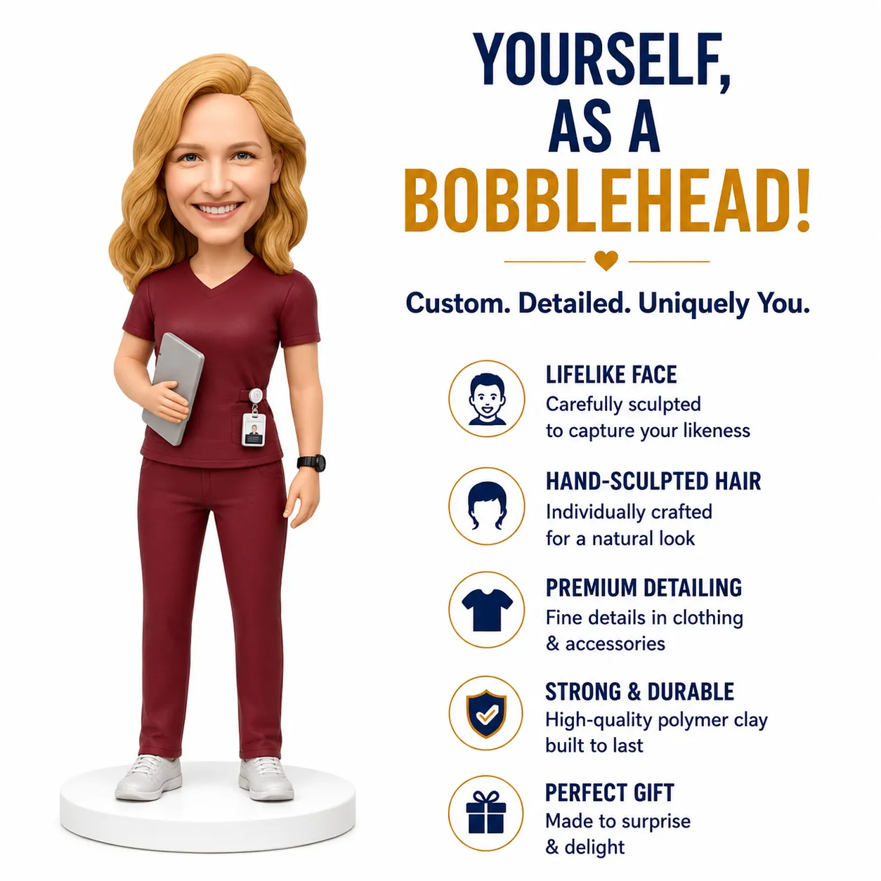 3D avatar of a female healthcare worker in maroon scrubs holding a tablet, standing beside a list of customization features.