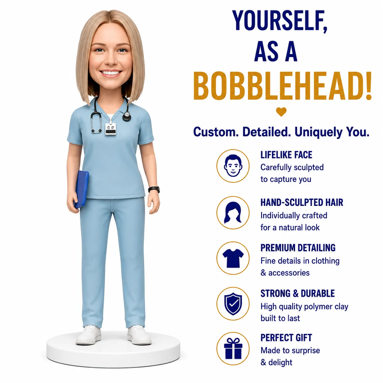 3D cardboard-style bobblehead nurse in blue scrubs holding a clipboard, with bold text about 'Yourself, as a Bobblehead!' on the right and feature list below.