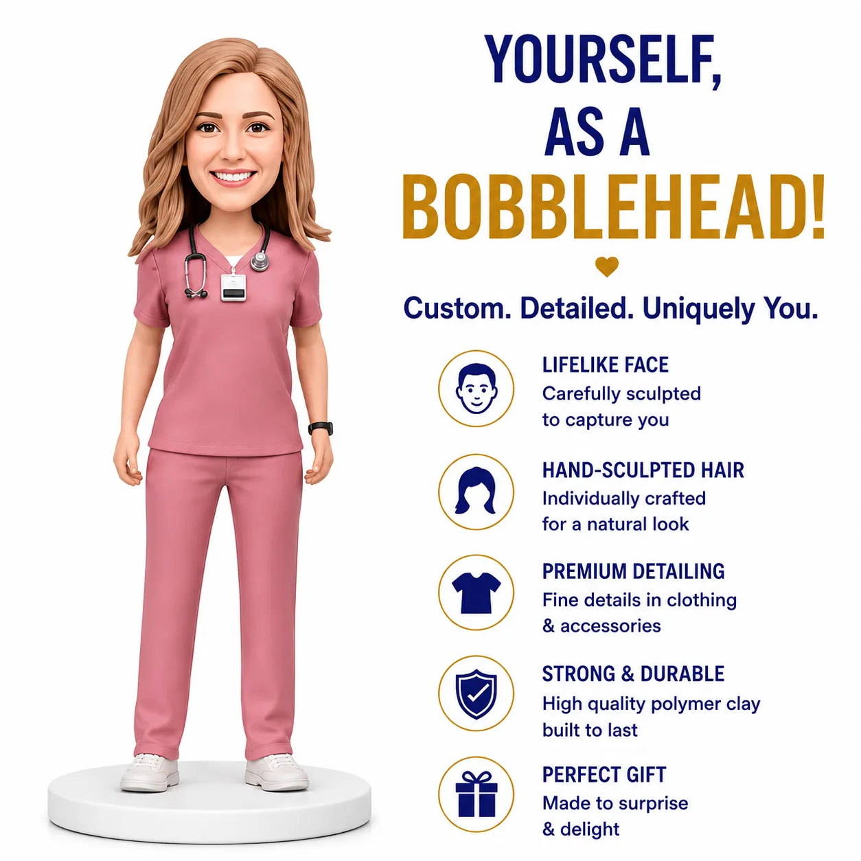 Cartoon female nurse in pink scrubs stands on a white pedestal beside text promoting custom lifelike bobbleheads and detailing features like sculpted hair and premium detailing.