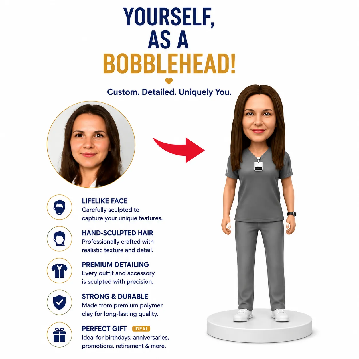 Illustration showing a real photo image transformed into a bobblehead figure of a nurse wearing gray scrubs and a name badge, with a circular portrait on the left and a large arrow pointing to the right toward the bobblehead.