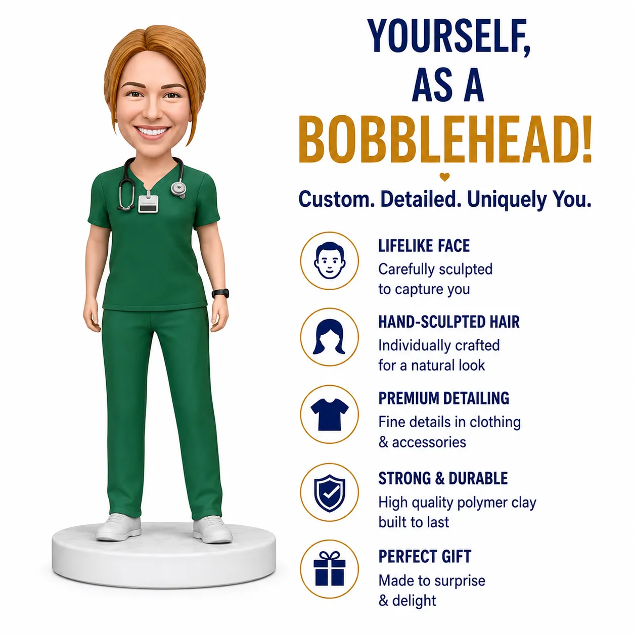 3D cartoon nurse in green scrubs stands on a white pedestal next to a bobblehead promotional text and features list on the right.