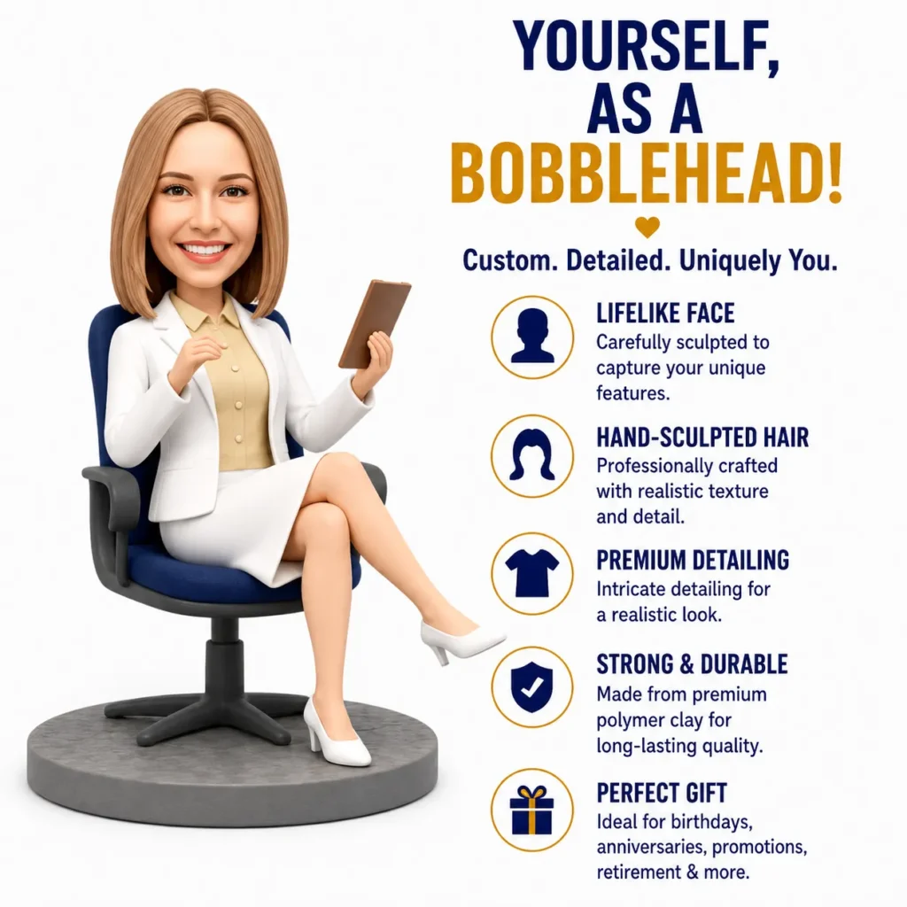 Cartoon woman in a white blazer sits in an office chair, holding a tablet, beside a bobblehead customization ad.