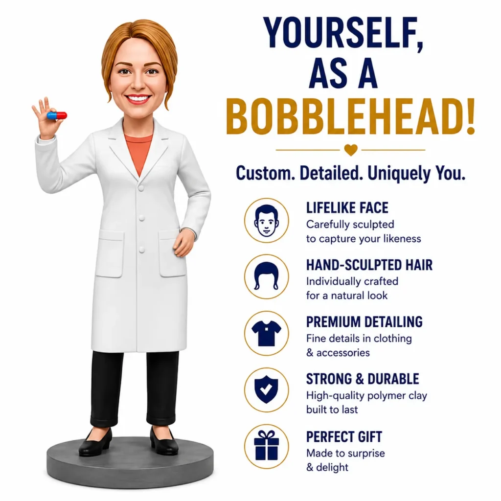 3D female scientist bobblehead in a white lab coat holding a red and blue capsule, beside text promoting custom bobbleheads and features.