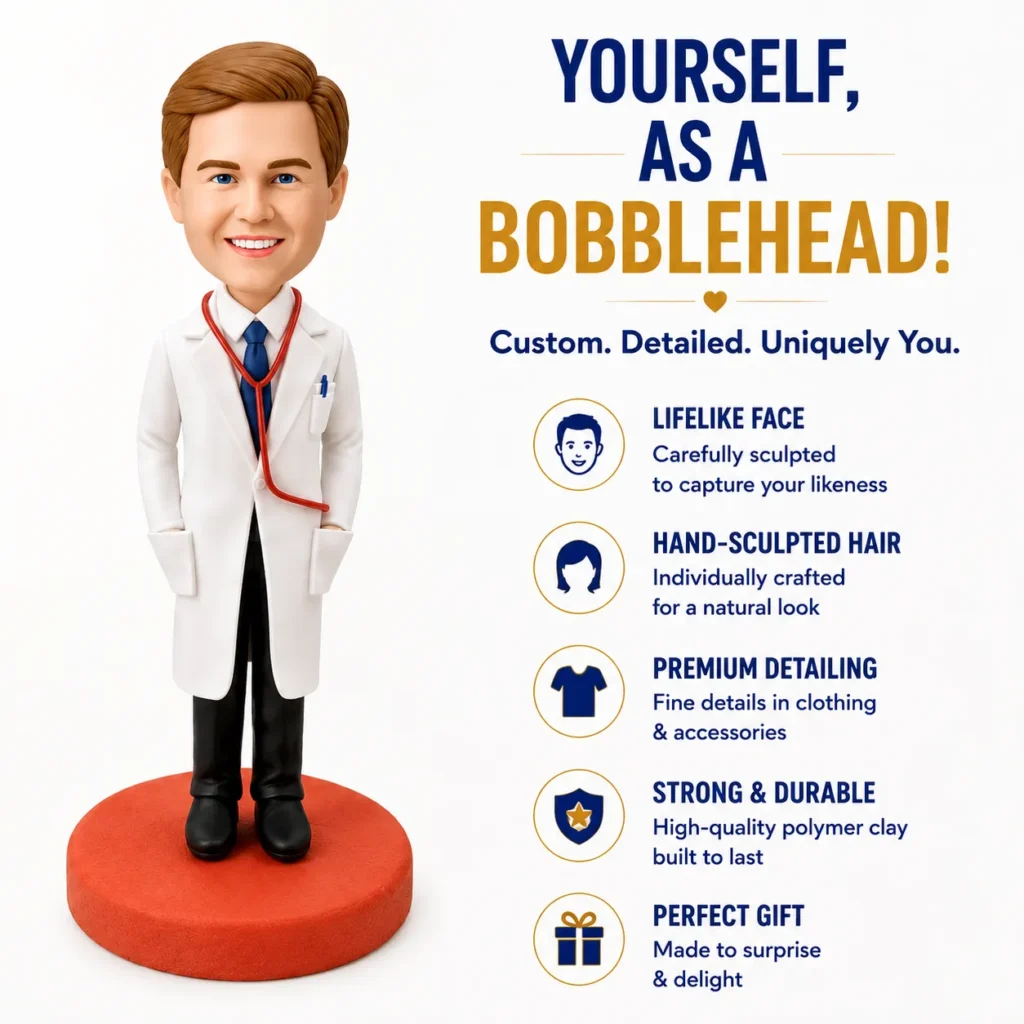 Bobblehead doctor figurine standing on an orange base beside marketing text about custom bobbleheads and features like lifelike face and hand-sculpted hair.