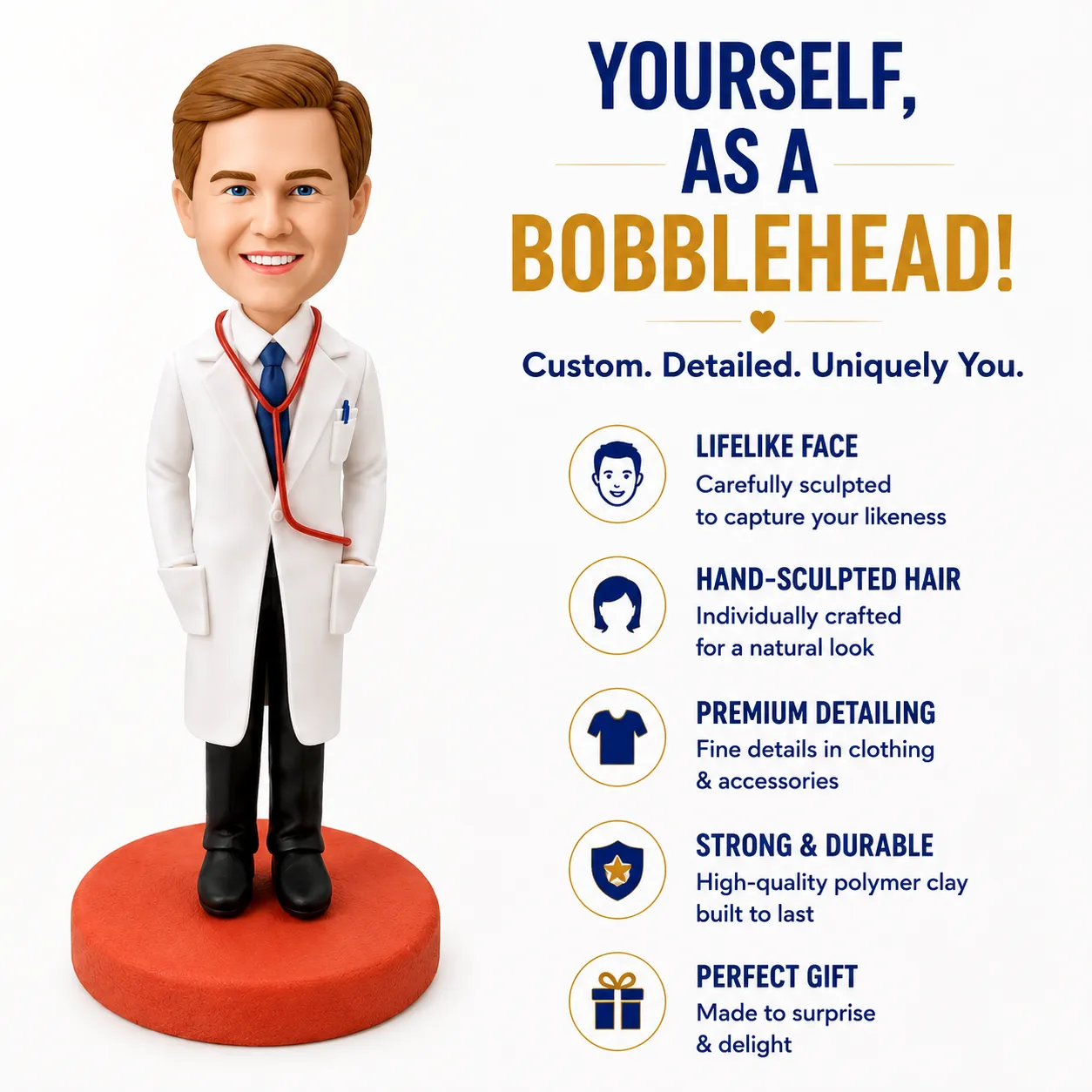 Bobblehead doctor figurine standing on an orange base beside marketing text about custom bobbleheads and features like lifelike face and hand-sculpted hair.