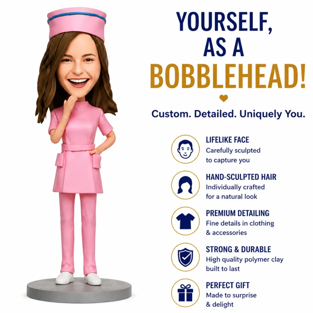 Pink-clad bobblehead nurse on left with campaign text about custom, detailed bobbleheads on the right.