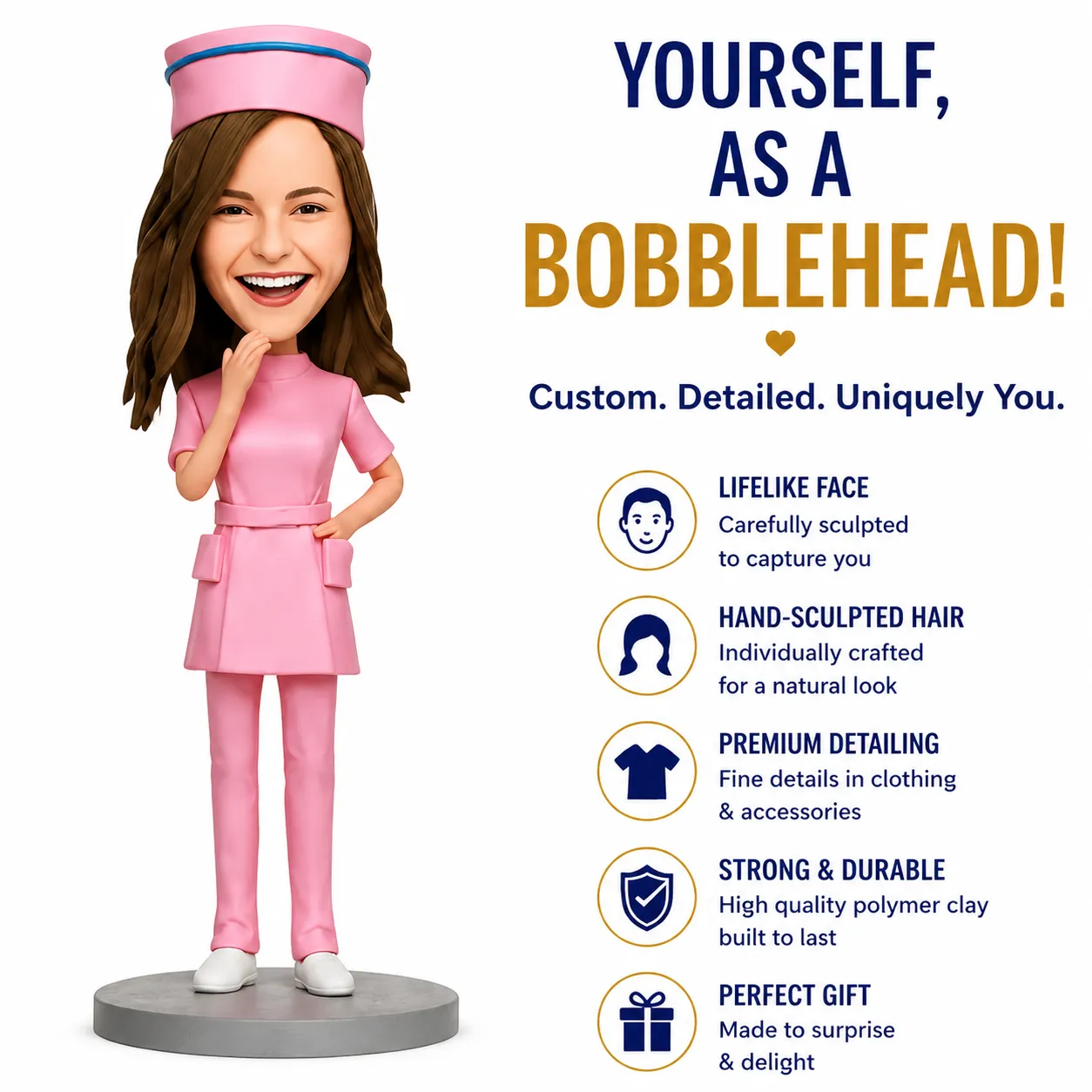 Pink-clad bobblehead nurse on left with campaign text about custom, detailed bobbleheads on the right.
