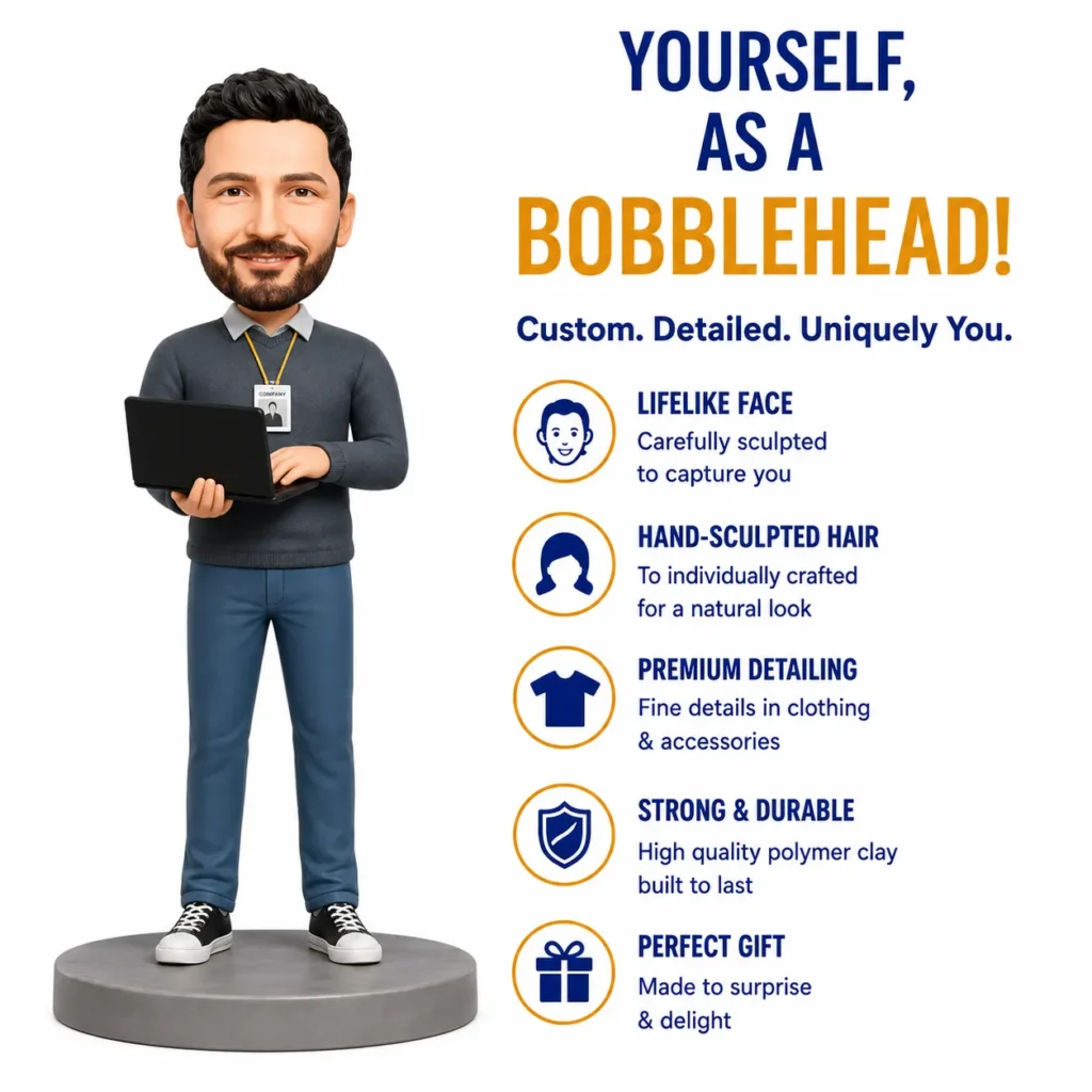 3D bobblehead with a laptop beside an infographic listing features: lifelike face, hand-sculpted hair, premium detailing, strong & durable, perfect gift.